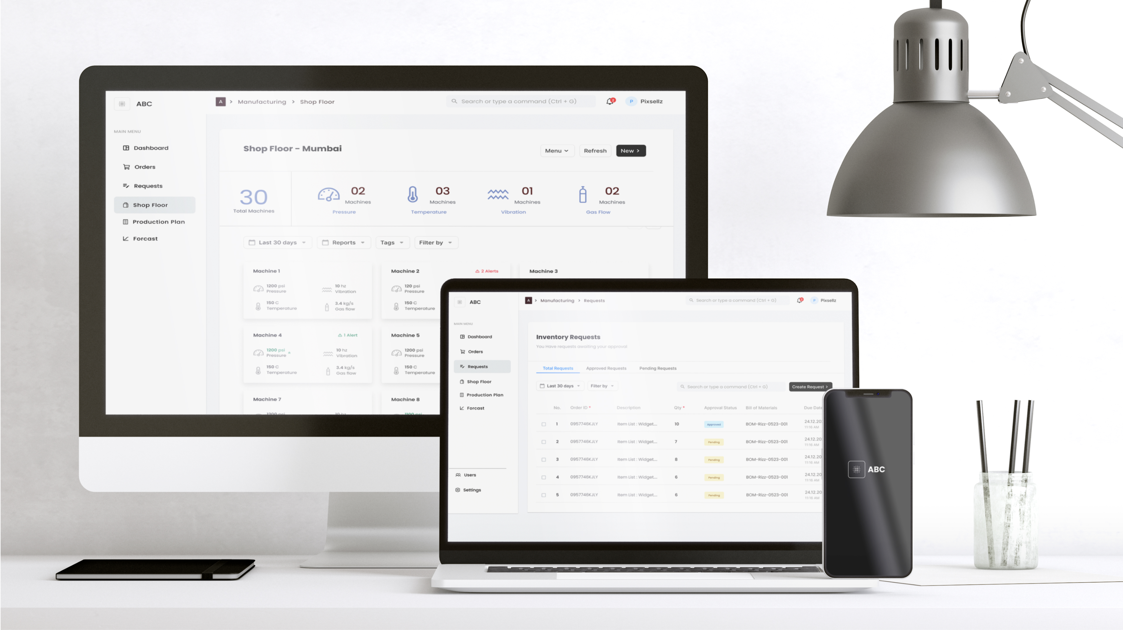 Vista de panel ERP con finanzas, inventario y producción